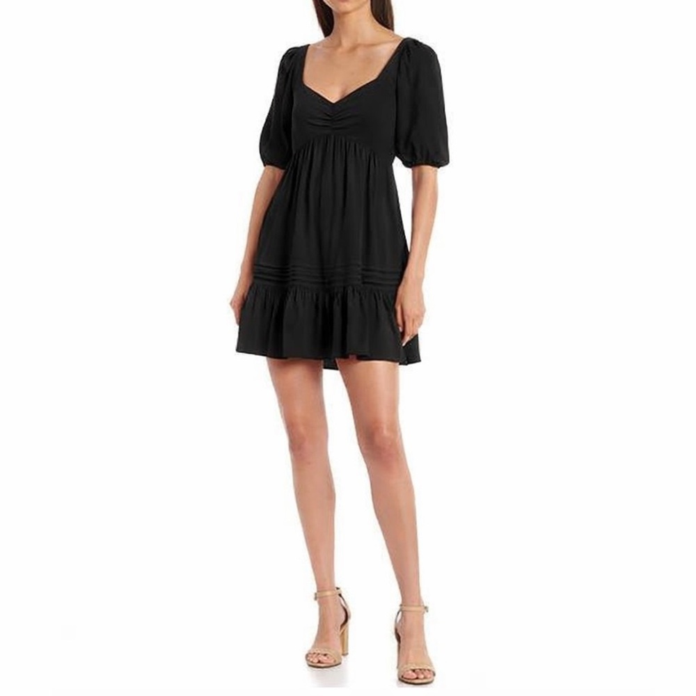 Gianni Bini Linen Blend Puff Sleeve Sweetheart Neck Mini Babydoll Dress size 12